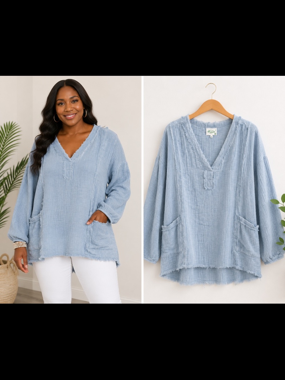 Very J Light Blue V-Neck Tunic with Front Pockets